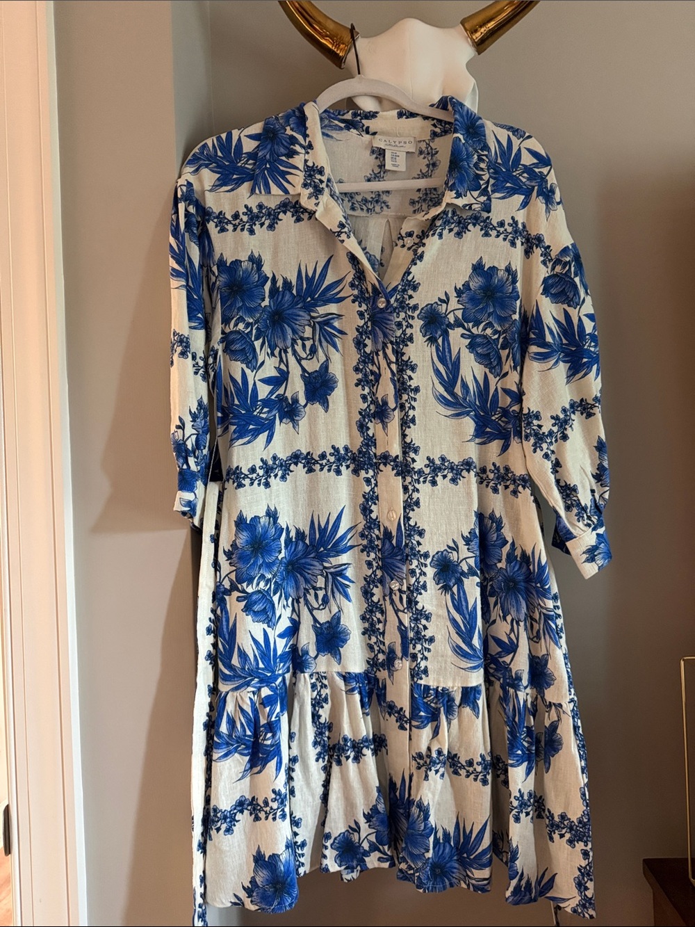 Calypso St. Barth Blue Floral Linen Button-Front Women’s Dress Medium